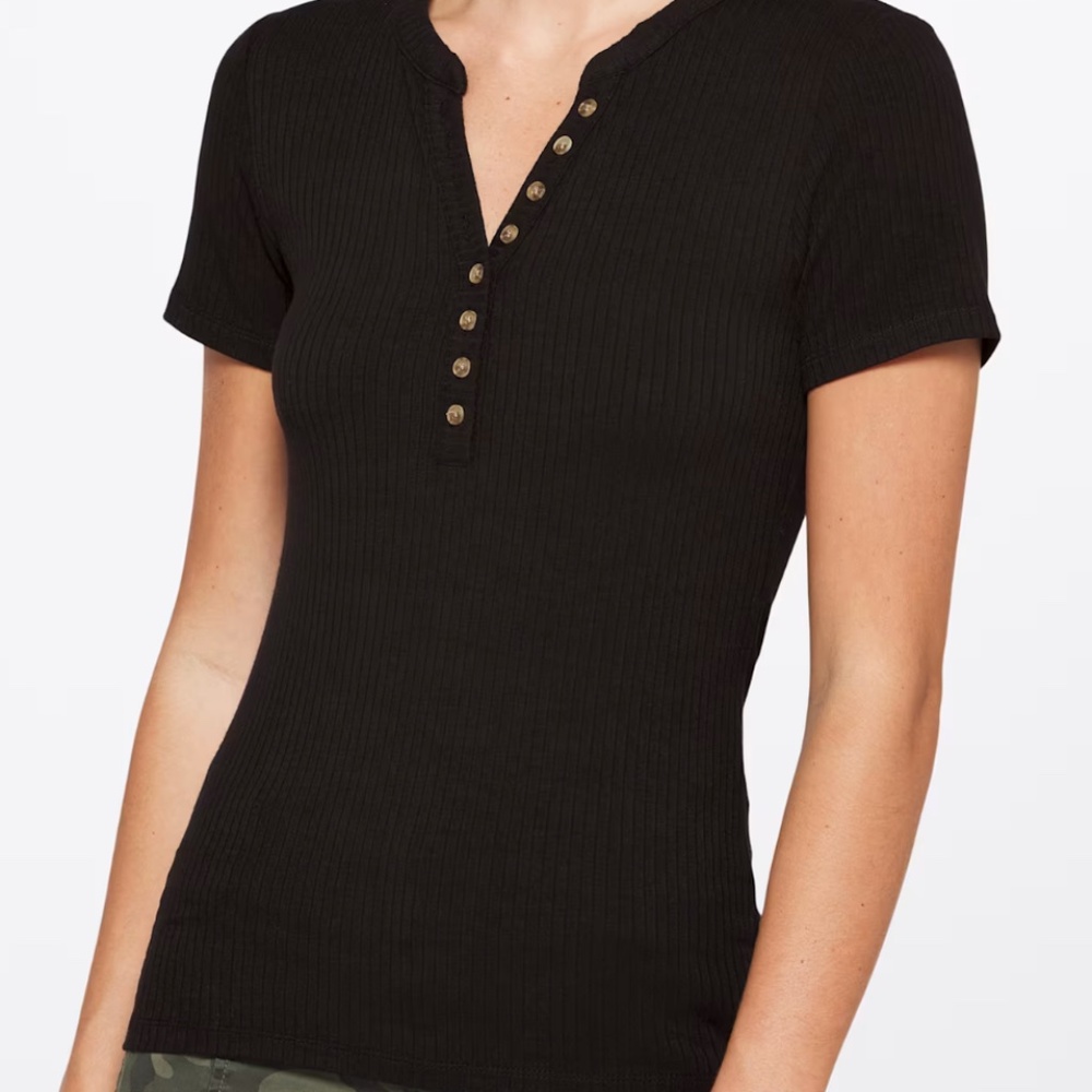 Black Ribbed Knit Henley Tee